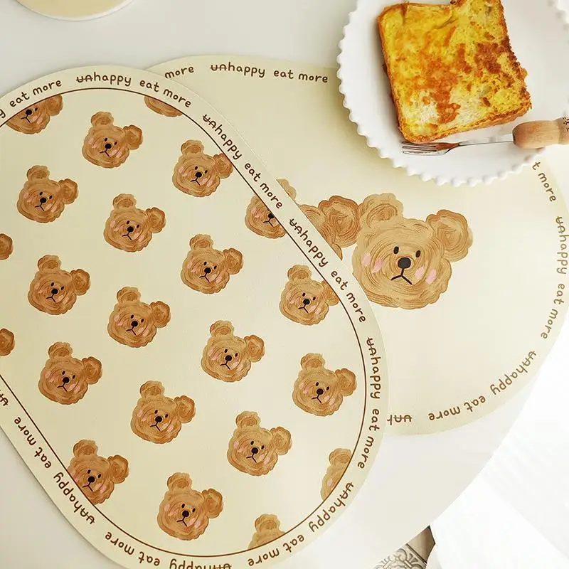 PU Leather Non-slip Placemat Cartoon Bear Food Table Mat Waterproof and Oil-proof Table Mat Insulation Placemats Home Decoration