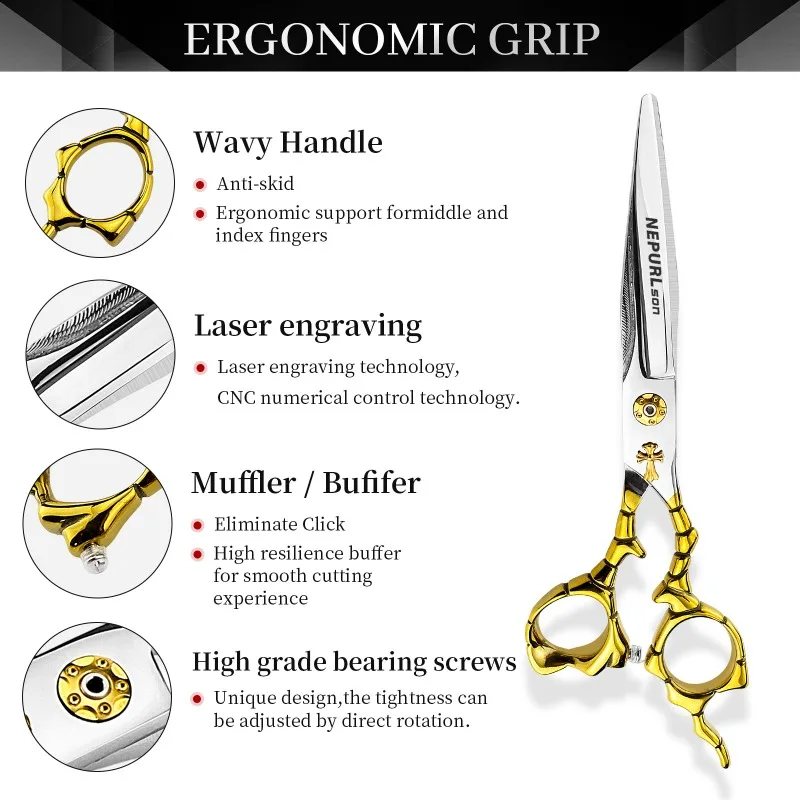 6.0-inch gold model hair scissors made of 440c steel, hair scissors, flat scissors,  right-handed scissors