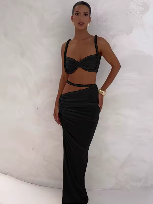 kliou Woven Sexy Women 2 Piece Set Stunning Hot Solid Pleated Crop Camisoles+High Waist Maxi Skirts Female Trend Vacation Outfit - Image 8