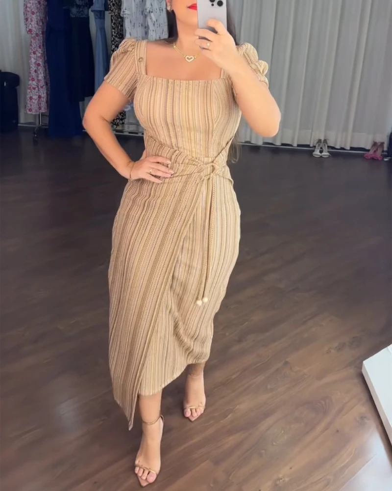 

2025 Dress Women's Texture Striped Square Neck Fluffy Sleeves Rolled Edge Work Pants Lace Up Details Cinched Waist Long Skirt