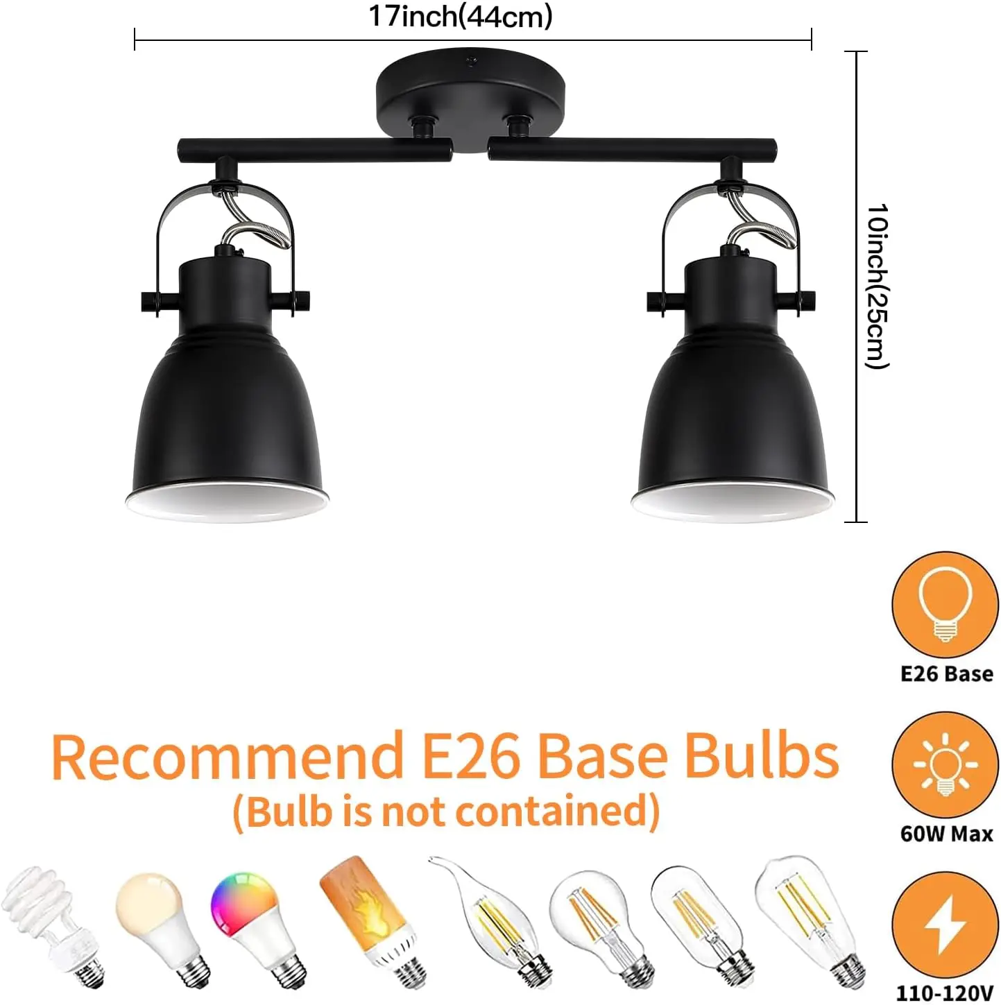 2-Light Black Farmhouse Track Lighting - Wall/Ceiling Mount for Kitchen & Dining Room