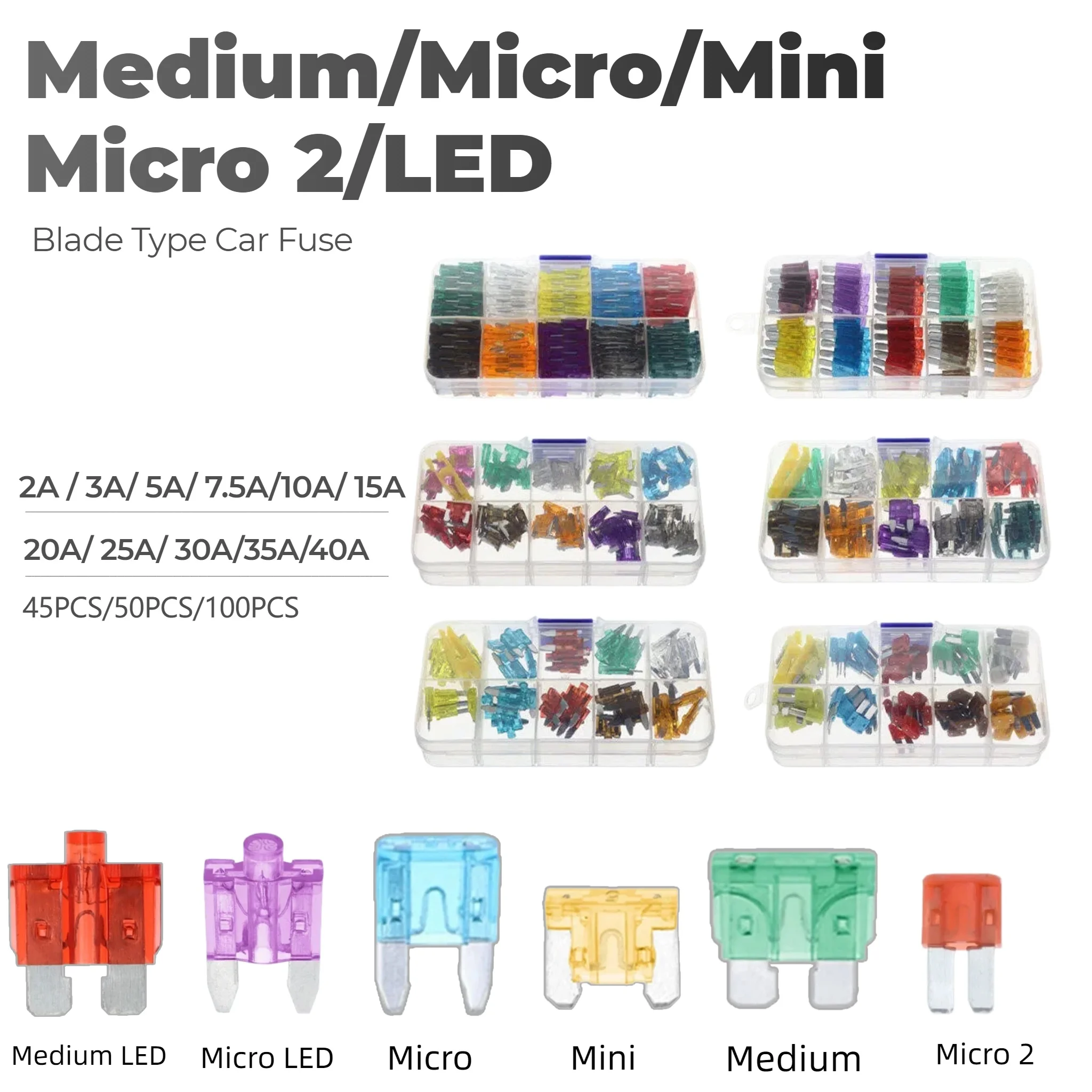 100-50PCS, Profile Medium Mini Micro 2 Size Blade Type Car Fuse 5/7.5/10/15/20/25/30/35A Set Auto Car Truck with Box Clip