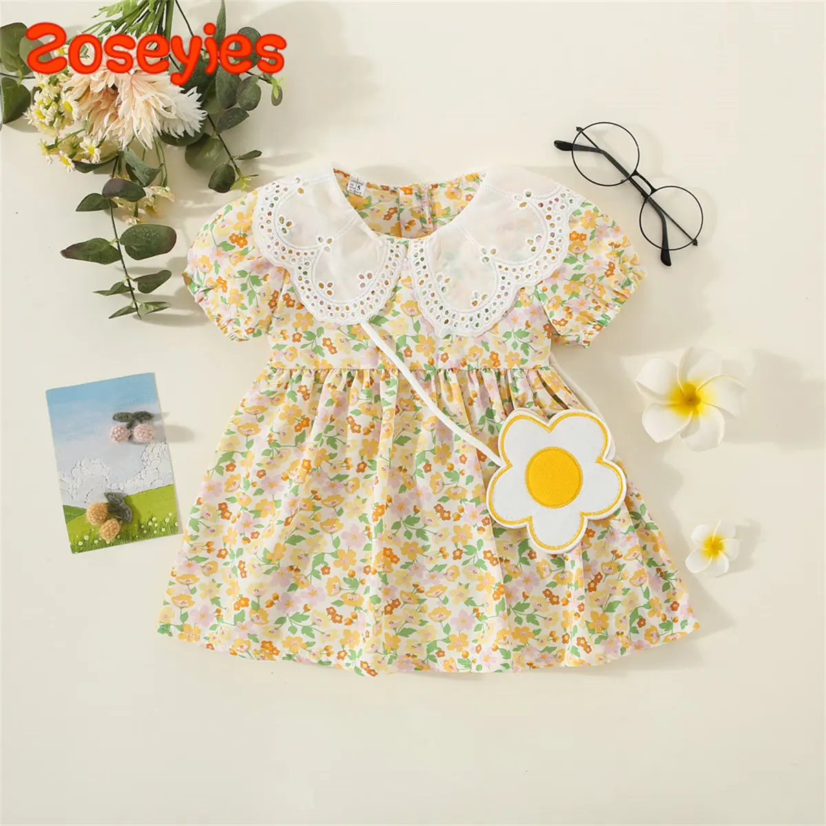 2 Pieces/Set Of New Summer Children'S Floral Dress Lapel Short Sleeve Knee-Length Chiffon Skirt For Daily Wear