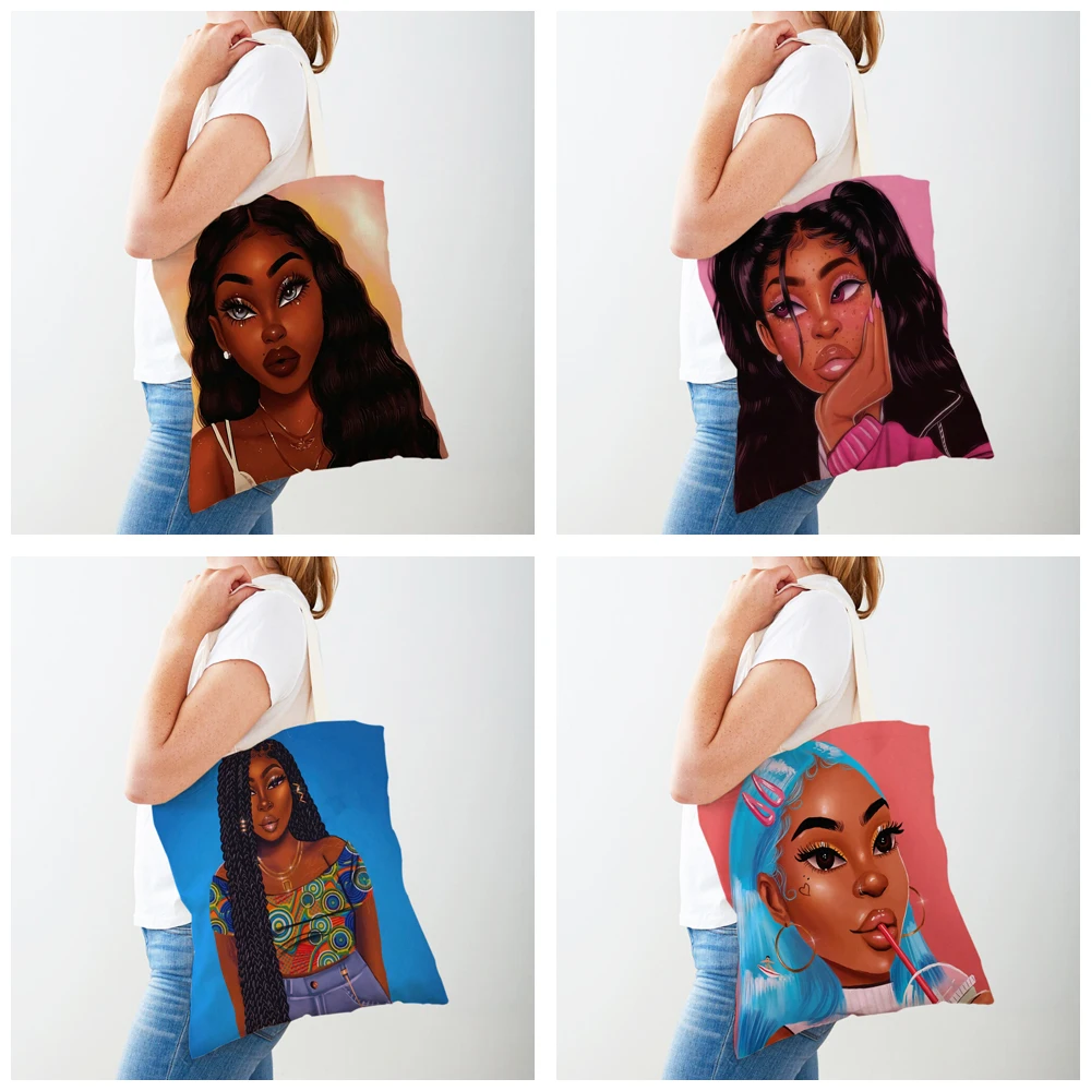 Fashion Cartoon Beautiful African Girl Shopping Bag for Women Casual Black Lady Canvas Shopper Bag Reusable Eco Tote Handbag