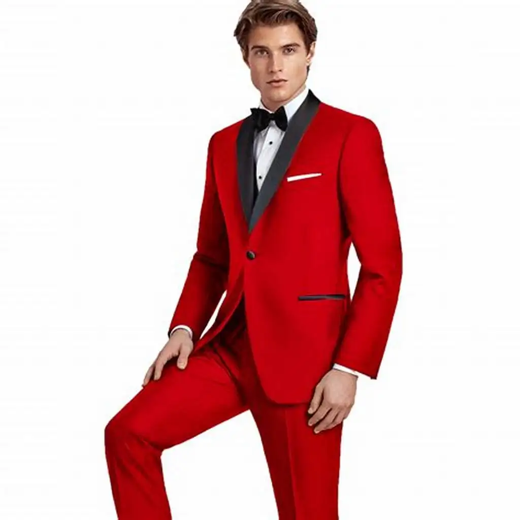 Handsome 2 Piece Red Wedding Tuxedo Men Suit Shawl Lapel Slim Fit One Button Groom Wear Formal Party Prom Blazer (Jacket+Pants)