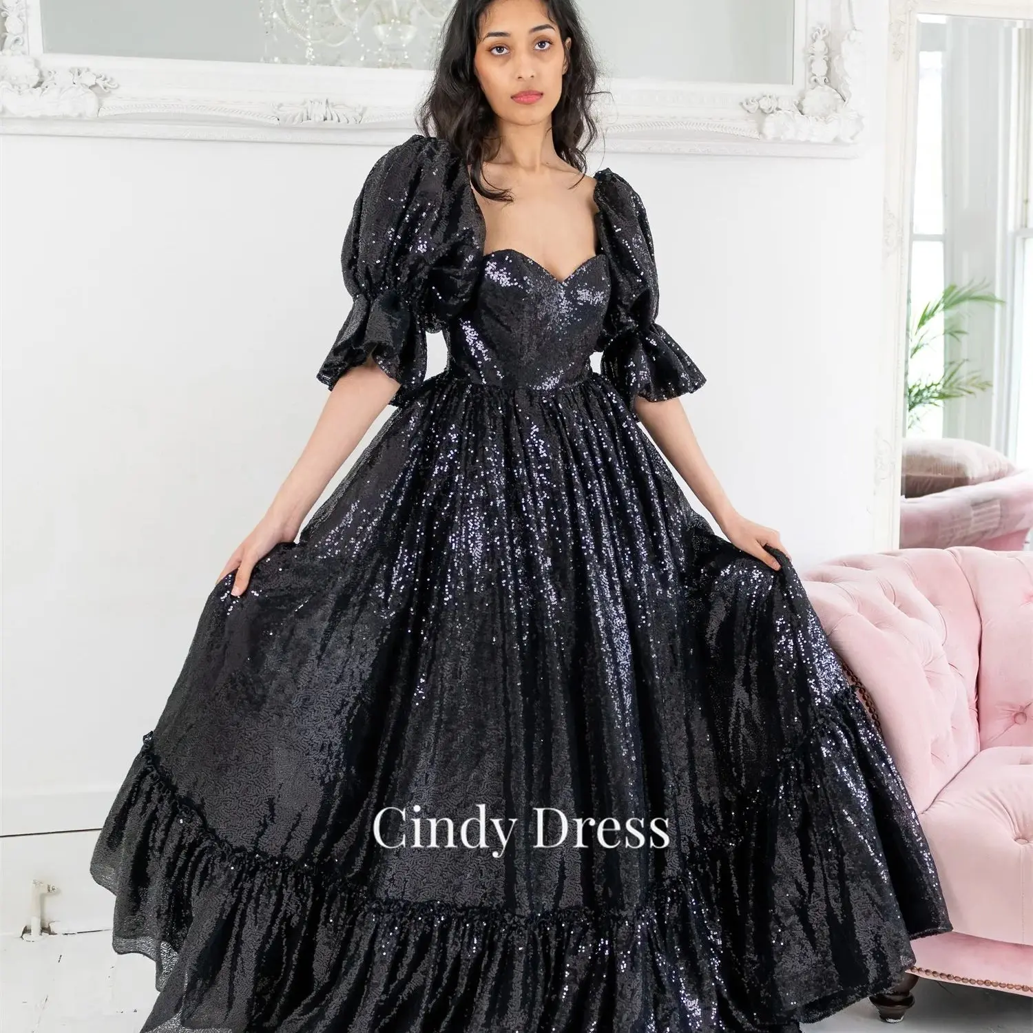 Cindy Black Puff Sleeves A-line Sequins Wedding Dress Es Elegant Evening Dresses 2024 Luxury Happy Sharon. Ball Gowns Prom Gown