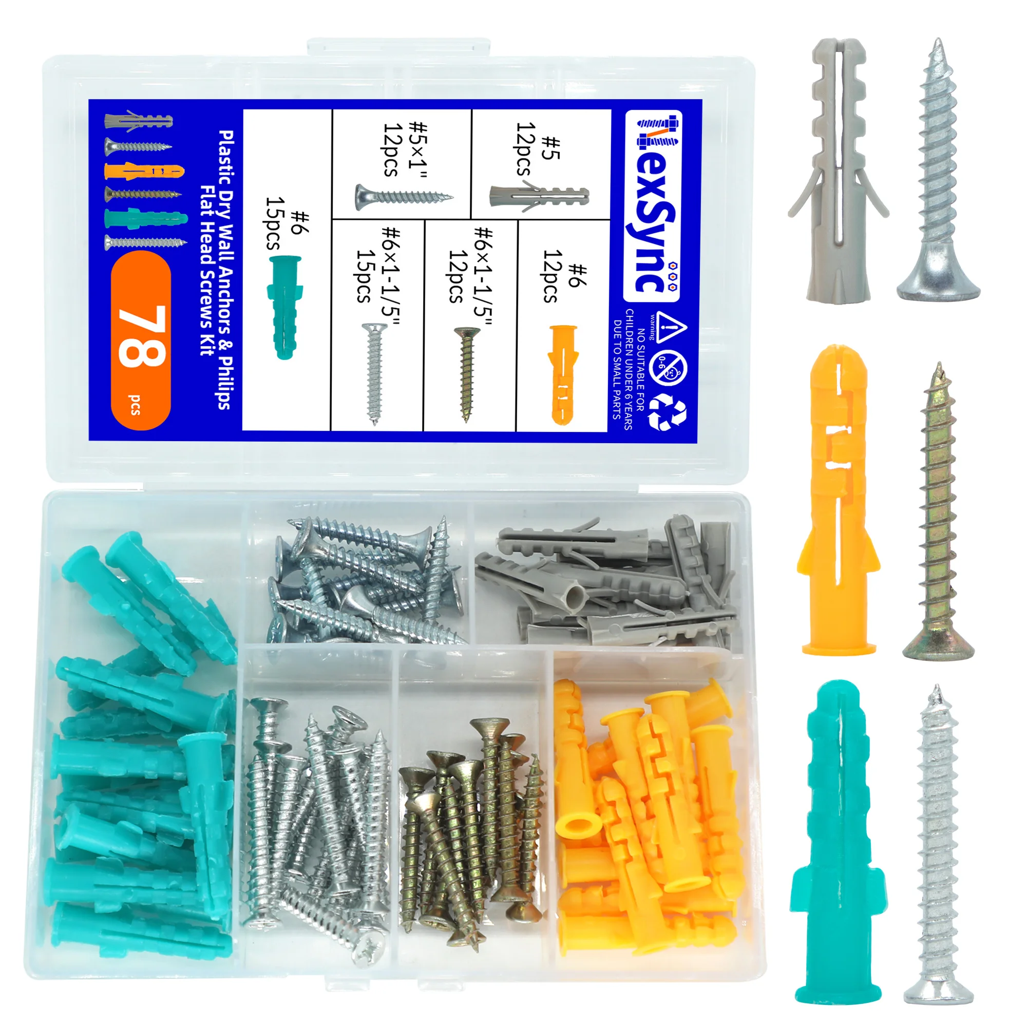 78PCS Drywall Anchors and Screws Kit, 39 Plastic Dry Wall Anchors & 39 Philips Flat Head Screws, 4 Sizes Screws and and Anchor