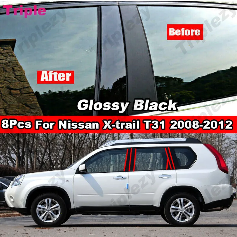 

8Pcs Glossy Black/Carbon Fiber Car Door Window Center BC Pillar Post Cover Trim Sticker For Nissan X-Trail Xtrail T31 2008-2012