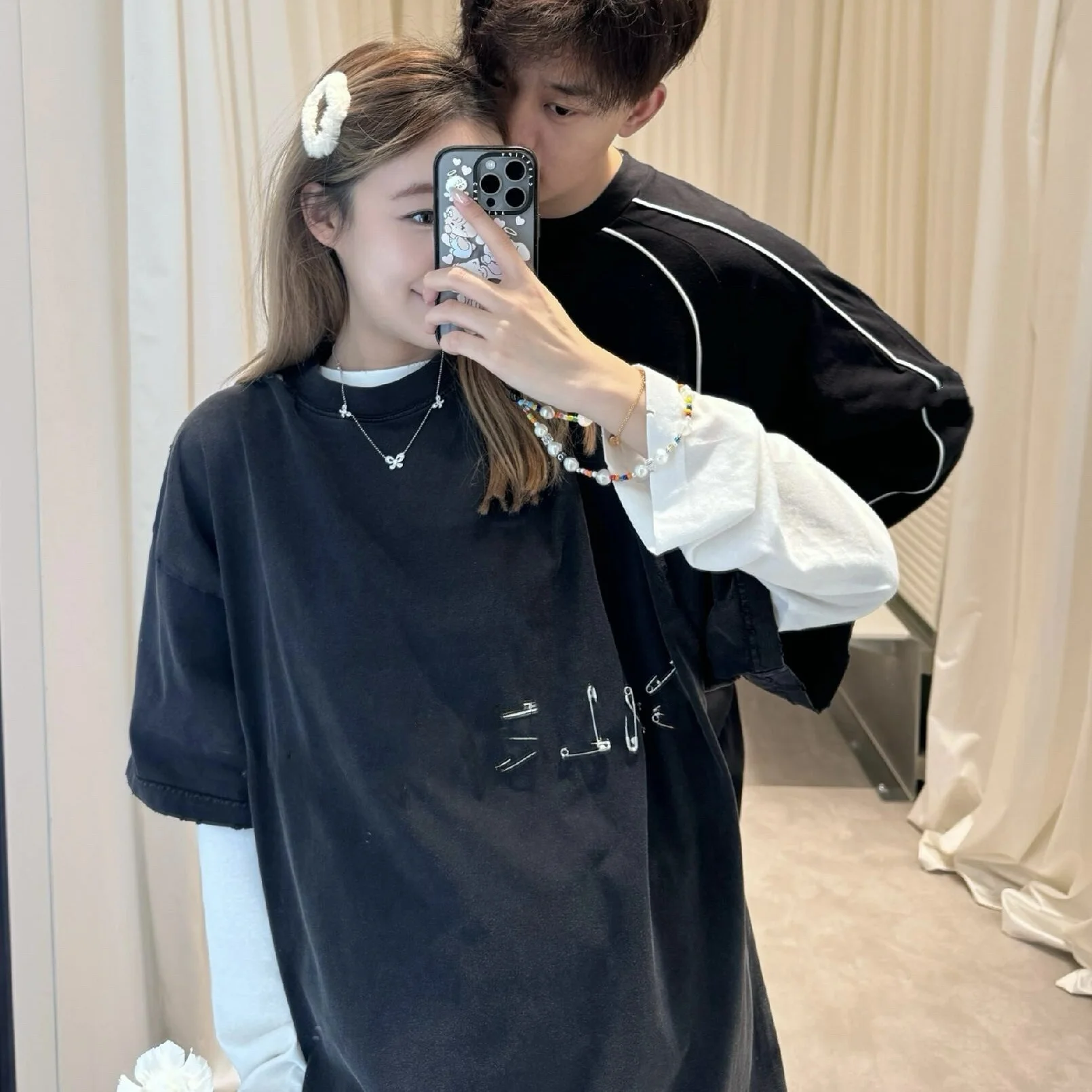 

Handmade VANA ILUSION Pin Letter Waed Bla ort Sve T-irt Couple Sle Ciwalk Breathable Loose Fit round Ne Cotton