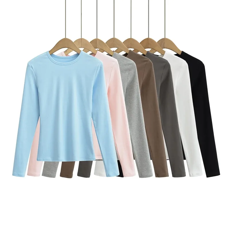 Spring Round Neck Solid Spring Women Long Sleeve Tops Sexy Pullover Bottoming Blouses T-shirt