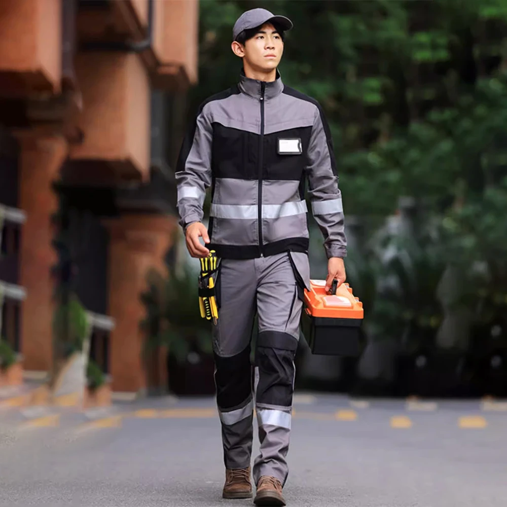 Safety Reflective Suit for Men Hi Vis Workwear Jacket and High Visibility Work Pants Set Workshop Uniforms Worker Wear Repairman