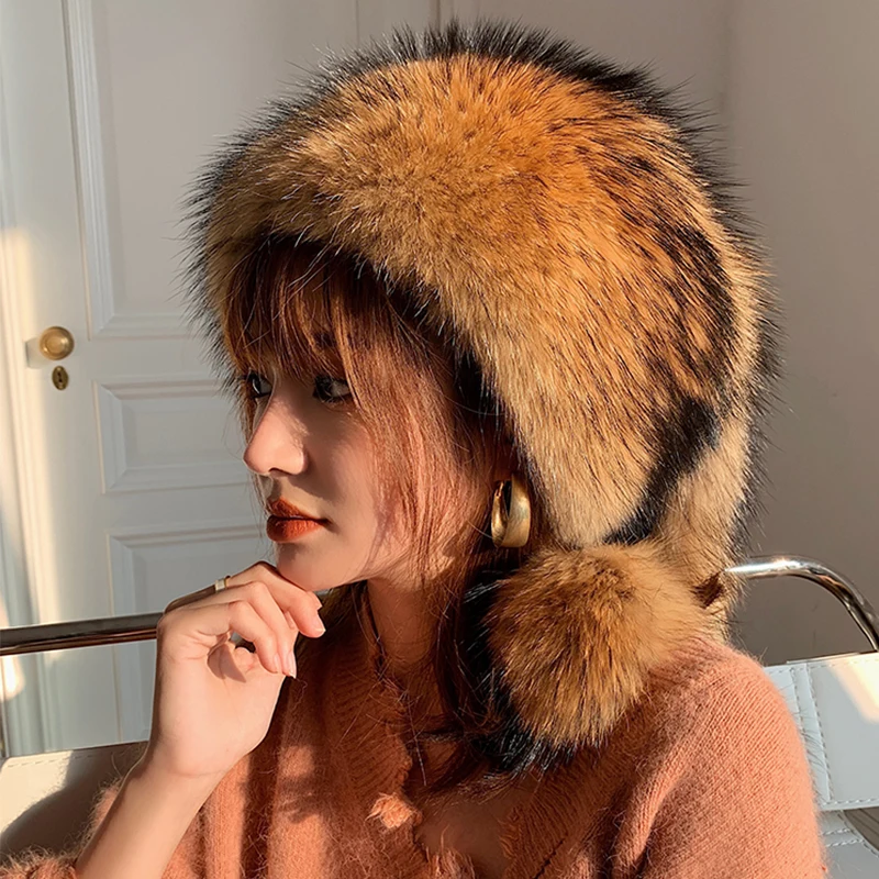 2022 winter new design real fur hat thick genuine raccoon fur hats luxury silver fox fur shawl cap