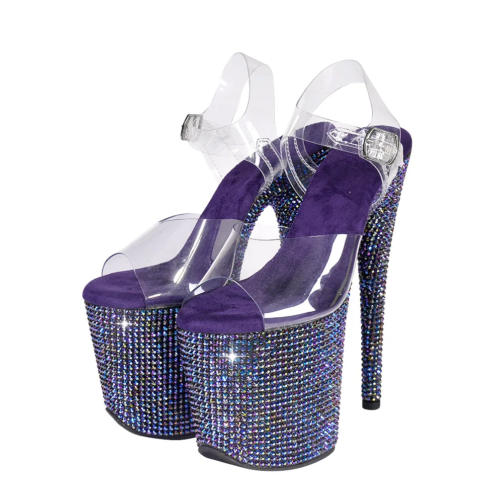 Zapatos de Tacón Transparentes con Cristales Morados para Mujer, 20CM, Brillantes, para Fiesta, Club, Sandalias con Plantilla de Felpa Gruesa, Elegantes para la Noche