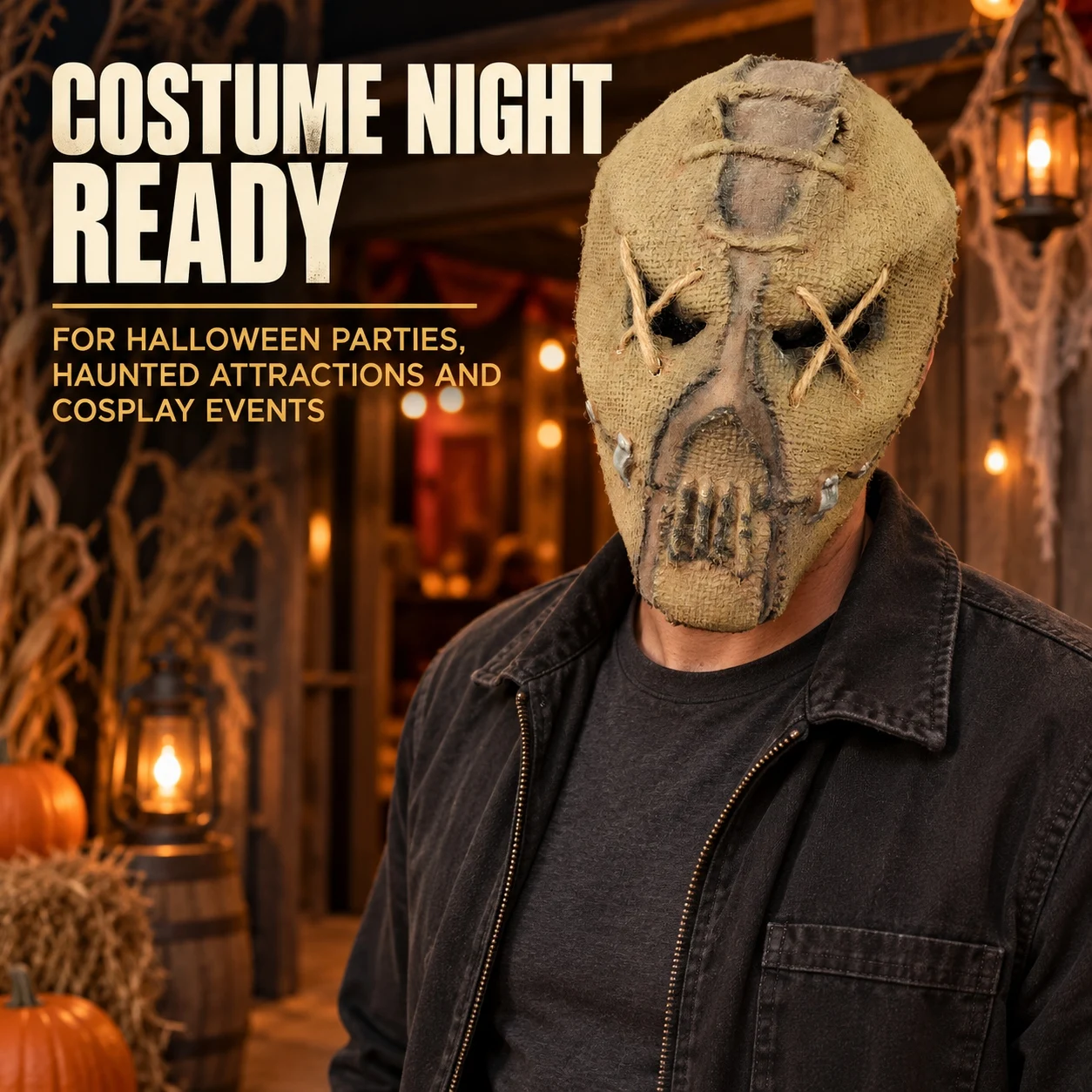 Totenkopfmaske im Jute-Look, Ganzkopf-Vogelscheuche-Kostümmaske mit X-Stich-Augendetails für Halloween-Party und Cosplay – Detail 8