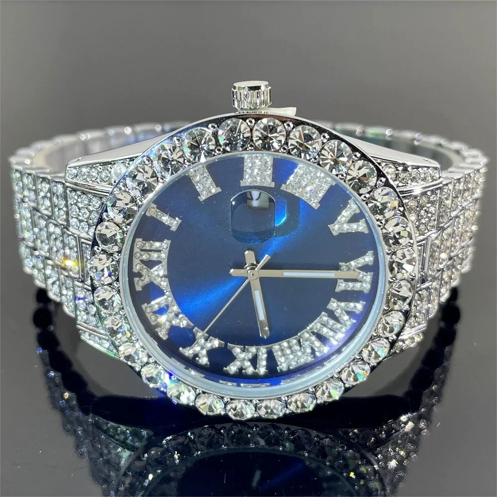 MISSFOX Fashion Iced Out Watch For Men Luxury Stainless Steel Quartz Wristwatch Male Hip Hop Diamond Bling Jewelry Watches Reloj