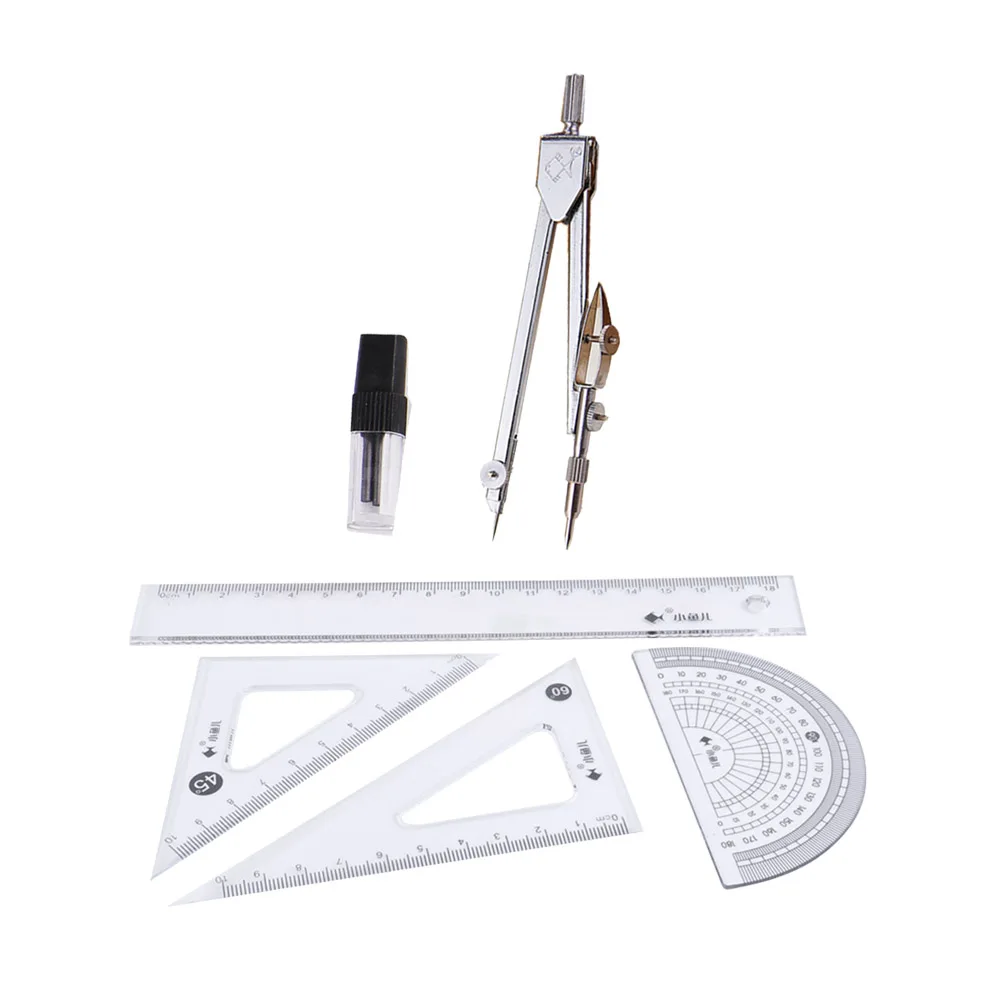 6pcs Compasses Set Student Stationery Precision Drawing Tools Metal Plastic Ruler Lead Circle Geometry School Supplies
