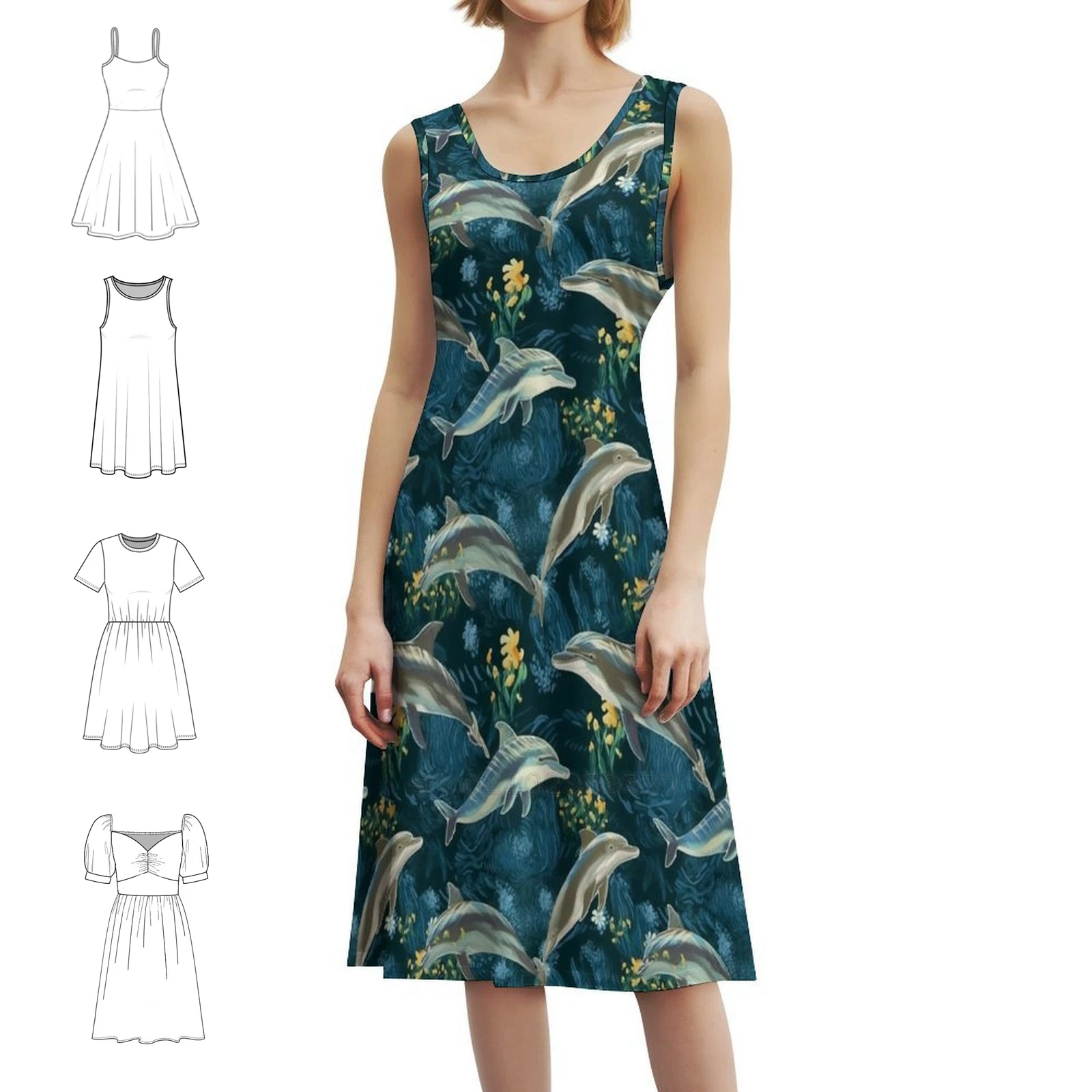 Splashy Sea Life-Dolphin Patterns On Our Products Sweetheart Neckline Dress Elegant Summer Party Dress For Women Dolphins