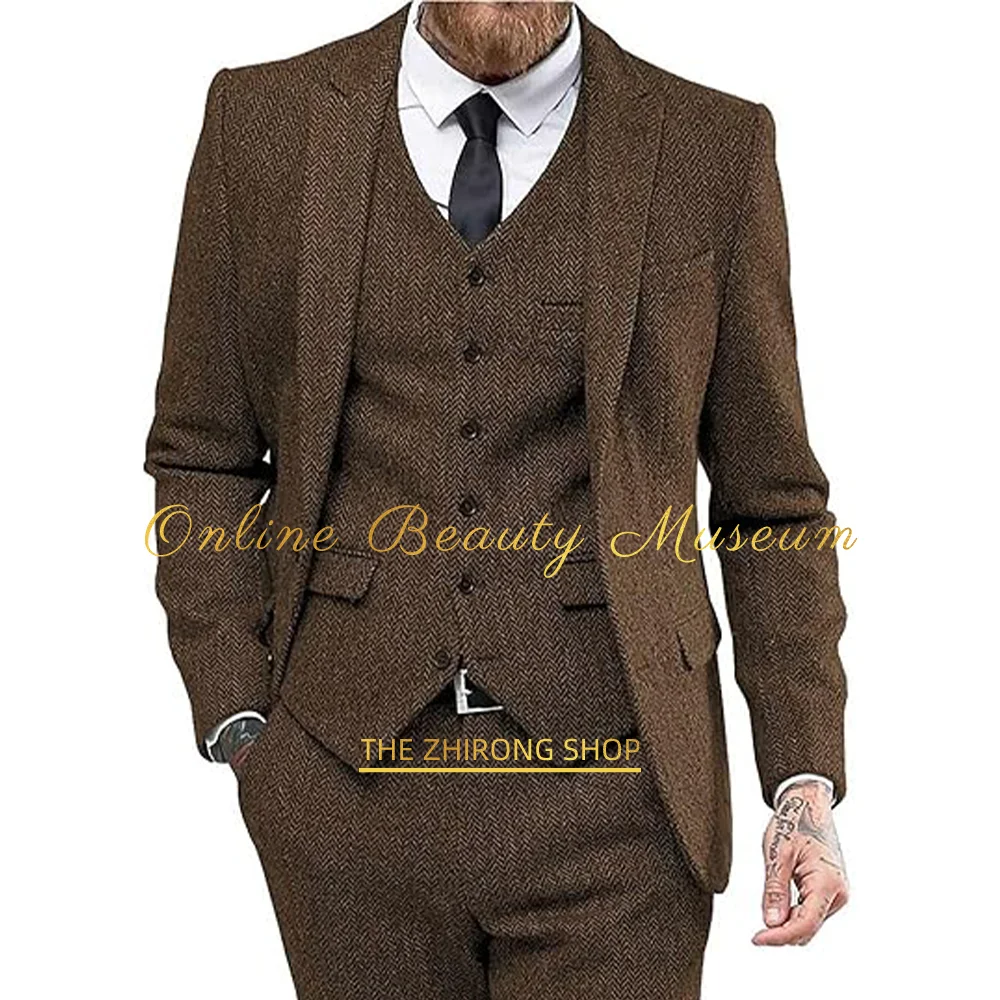 Men's Suit Classic Business 3 Piece Tailored Slim Fit Wedding Prom Party Dress Tuxedo Jacket Vest Pants Vintage Gray Tweed Suit