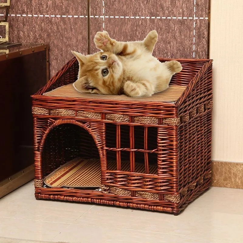 HONEY PET Universal Summer Cool Rattan Cat Nest Double Layer Cage House Villa Nest Accessories All-Season Summer Cat Accessories