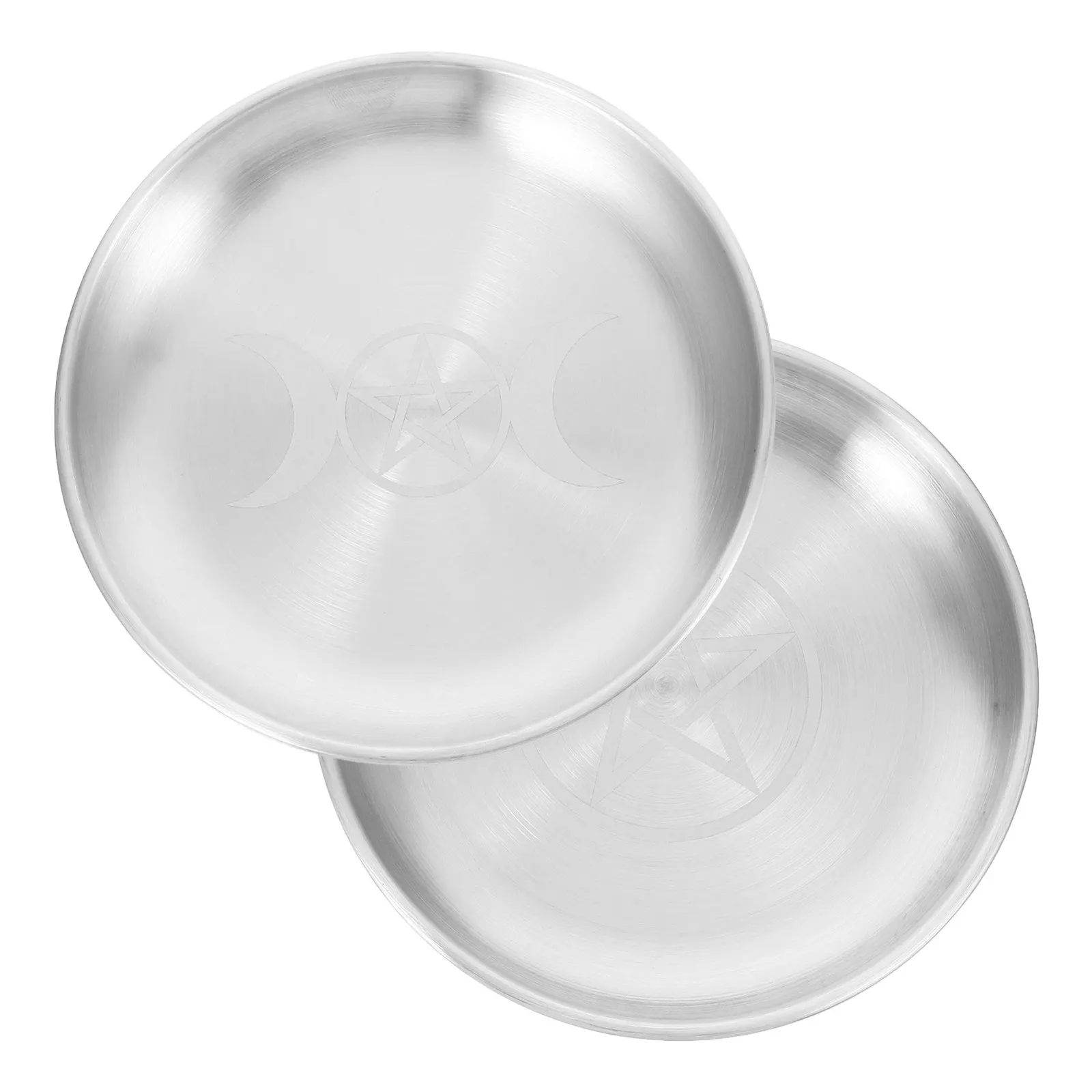2Pcs Pentagram Silver Storage Tray Round Iron Flat Bowl Ritual Plate Prayer Astrology Offering Dish Jewelry Trinket Holder