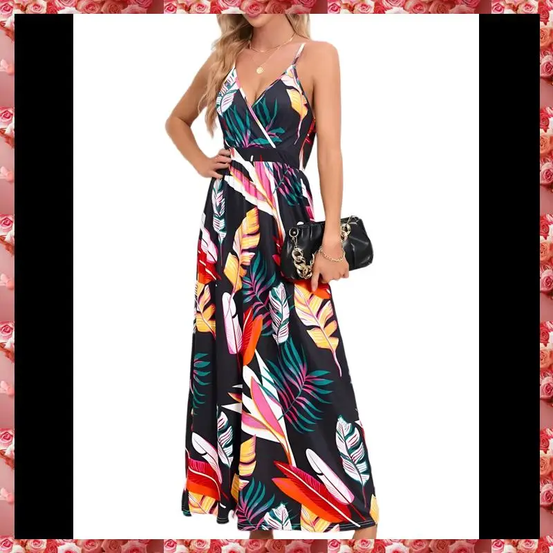 Women's 2025 Summer Maxi Dress Floral Tie Front Spaghetti Strap Casual Boho Beach Flowy Sundress