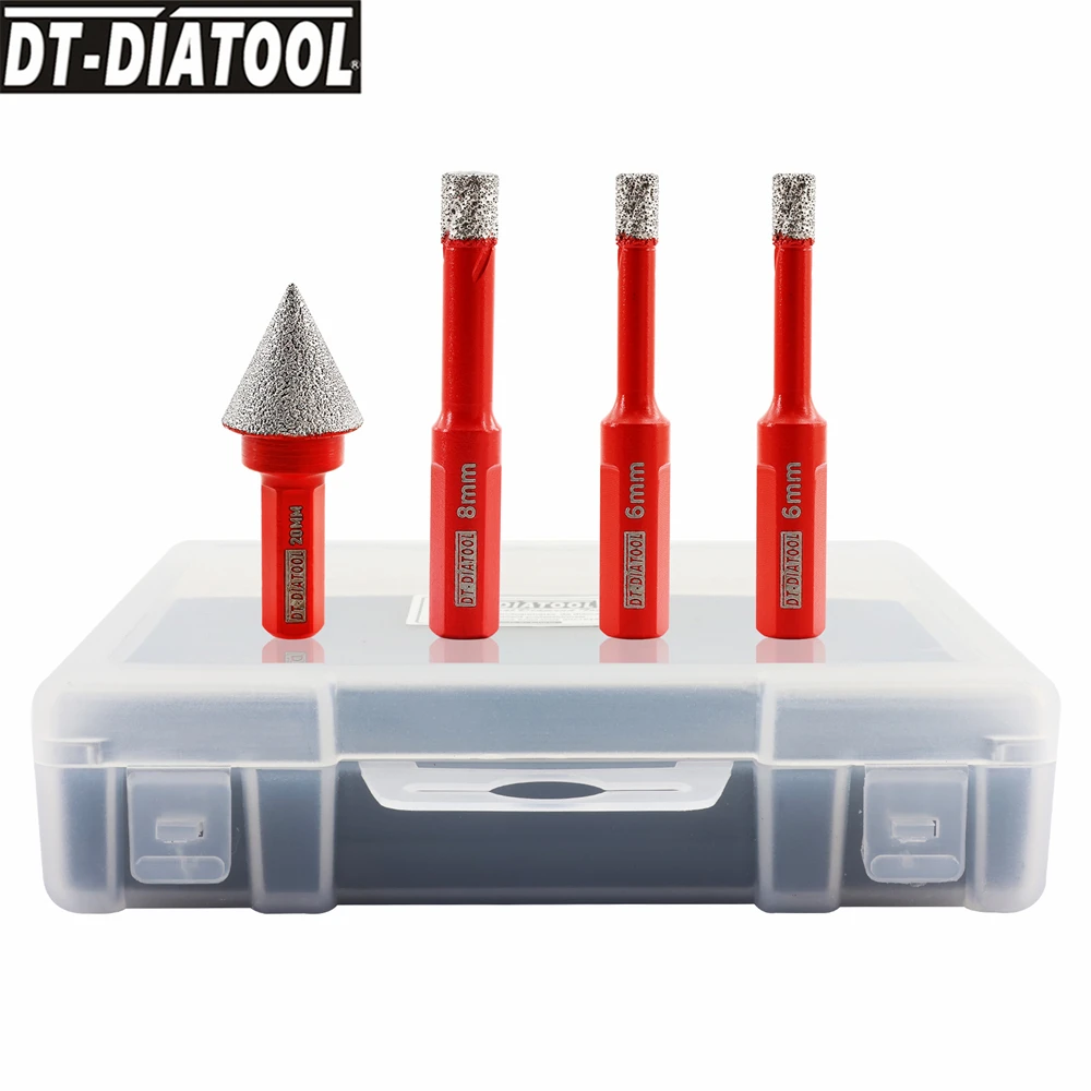 

DT-DIATOOL-4pcs Set Dia 6/8/10mm Diamond Drilling Bits Kit Box with Triangle Shank Tile Cutter Core Bits Hole Saw Drill Chamfer