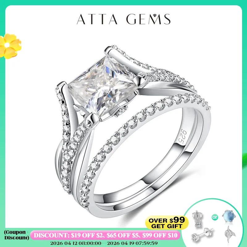 

ATTAGEMS Moissanite Band Rings Engagement Wedding 7MM Princess Cut Moissanite D Color VVS 0.3CT for Woman Ring Set Gift