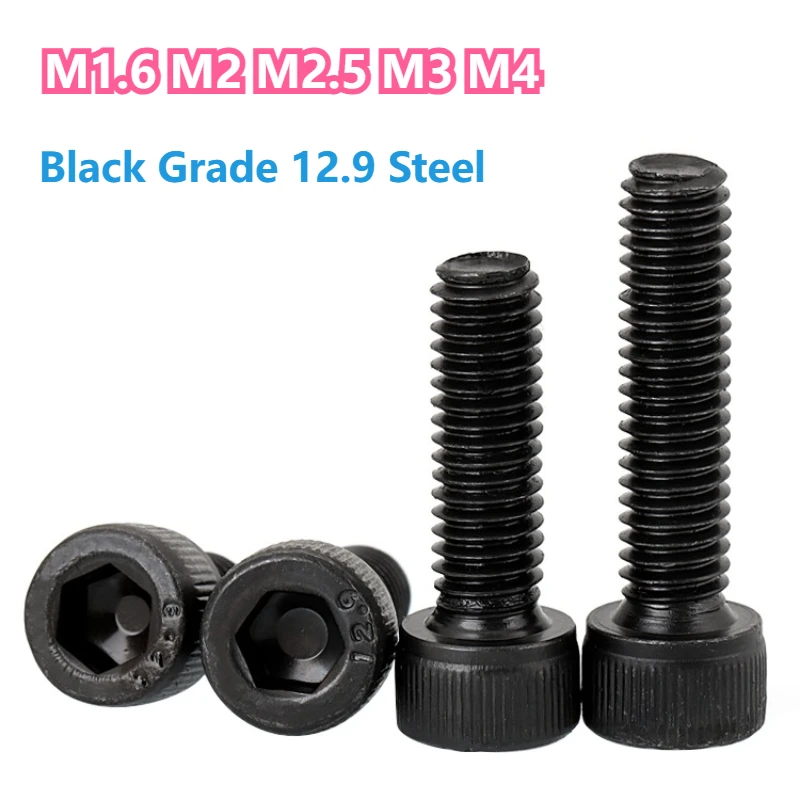 

DIN912 M1.6 M2 M2.5 M3 M4 Hexagon Hex Socket Head Cap Allen Bolt Screw Black Grade 12.9 Steel 50pcs