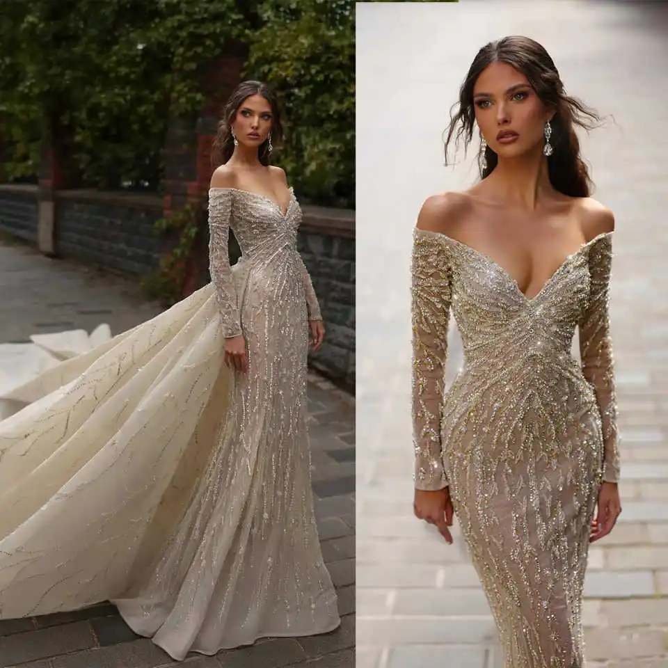 

Exquisite Mermaid Wedding Dress V Neck Beading Sequins Bride Gowns Long Sleeve Detachable Sweep Train Bridal Dresses Customized
