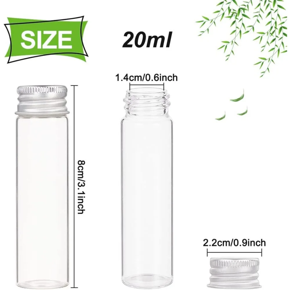 20Pcs 20ml Glass Sealed Bottle with Screw Aluminum Cap Clear Liquid Sample Vial for Pill Powder Ornament Bottles