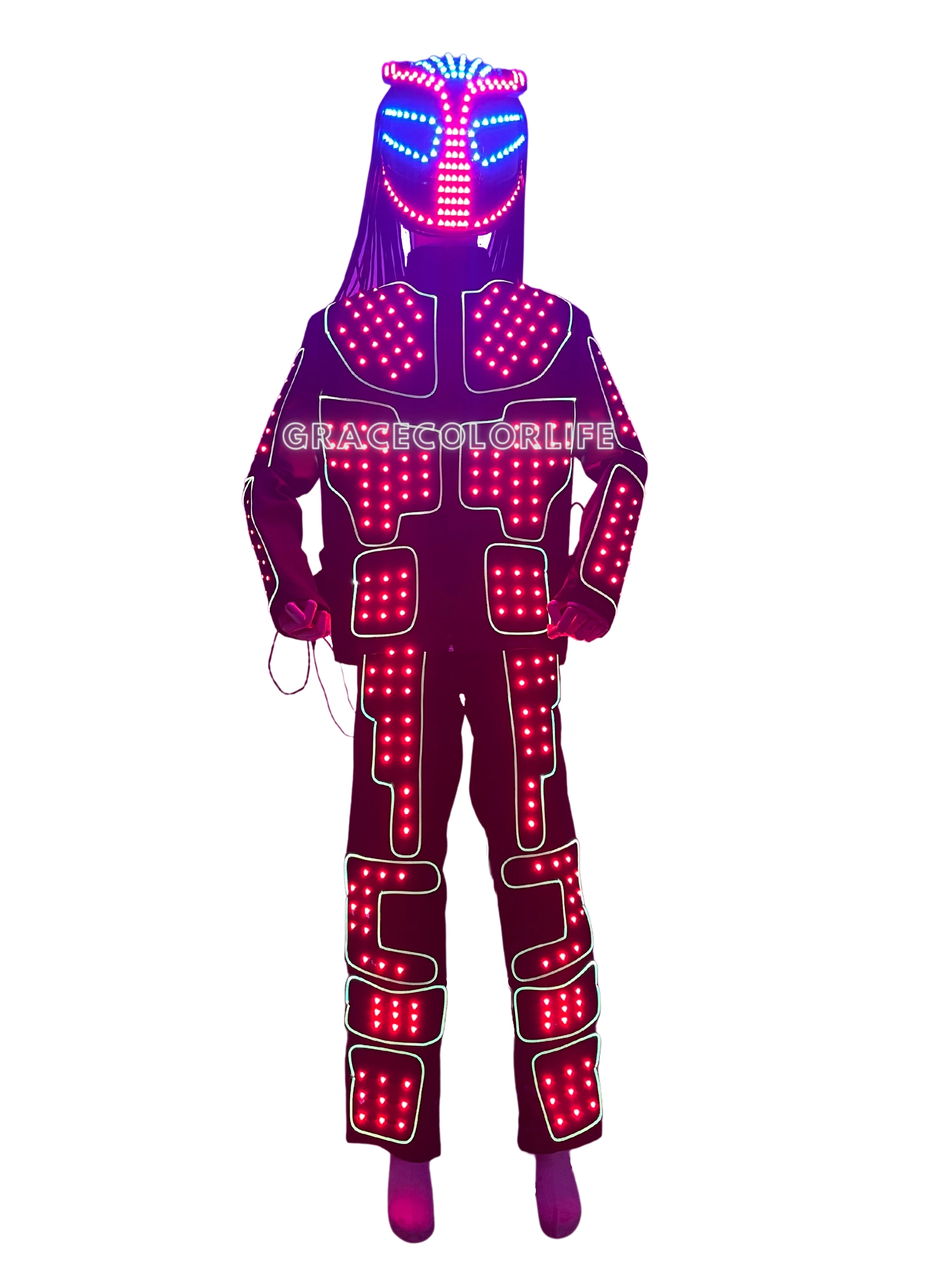 남성용 LED 로봇 라이트 파티 코스튬 성인용 헬멧 포함 발광 의상 공연용