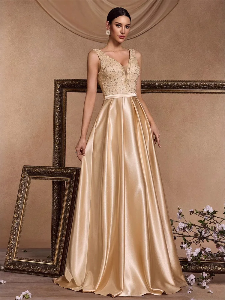 Ele soirée Dr perle Patchwork couleur soie Satin v-ne grande ligne a femmes formelle danse robe de bal taille basse soie