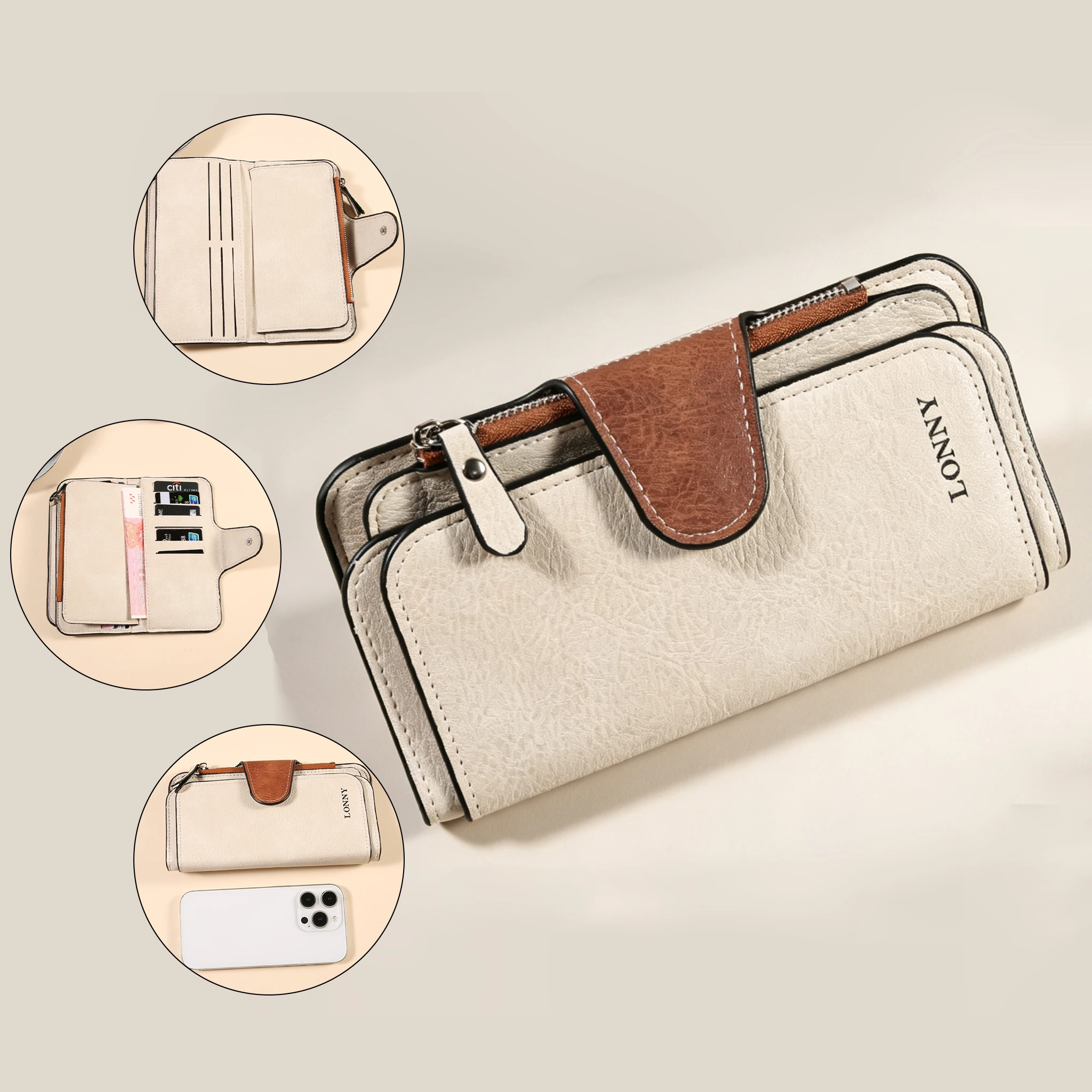 Women 3-Fold Long Wallet Suede PU, Snap Button Zipper Purse Multi Card Slots Large Capacity Ladies Clutch Wallet