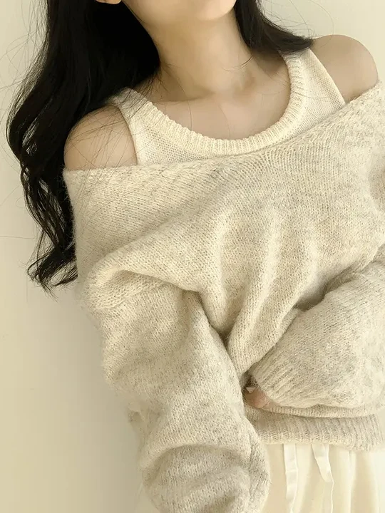 Conjunto de Suéter de Punto Suave y Acogedor con Hombros Descubiertos para Mujer, Conjunto de Dos Piezas Hoado, Moderno par...