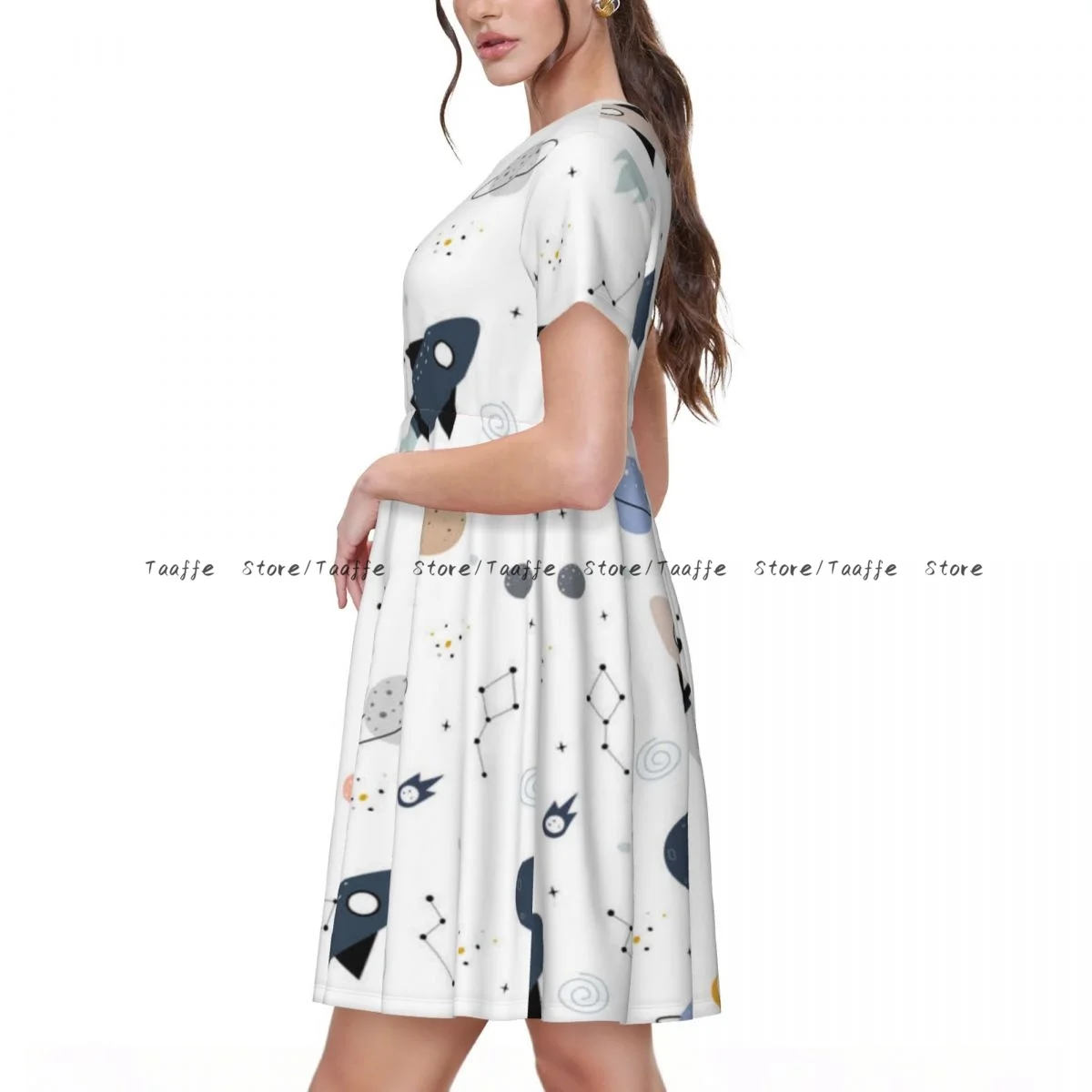 Summer Women Dress Space Stars Rockets Cartoon Pattern Casual Beach Holiday Short Sleeve Round Collar Woman Midi Dress