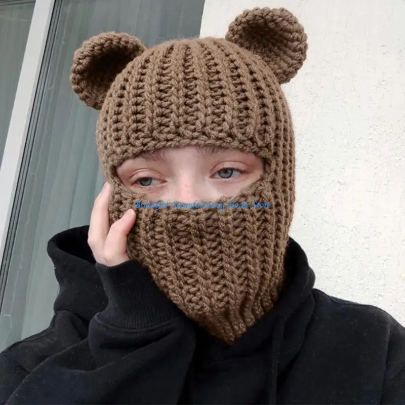 E56A Adult Knitted Neck Guard Hat Teenagers Outdoor Cycling Skiing Hat Lovely Winter Eye Exposed Hat for Teenagers