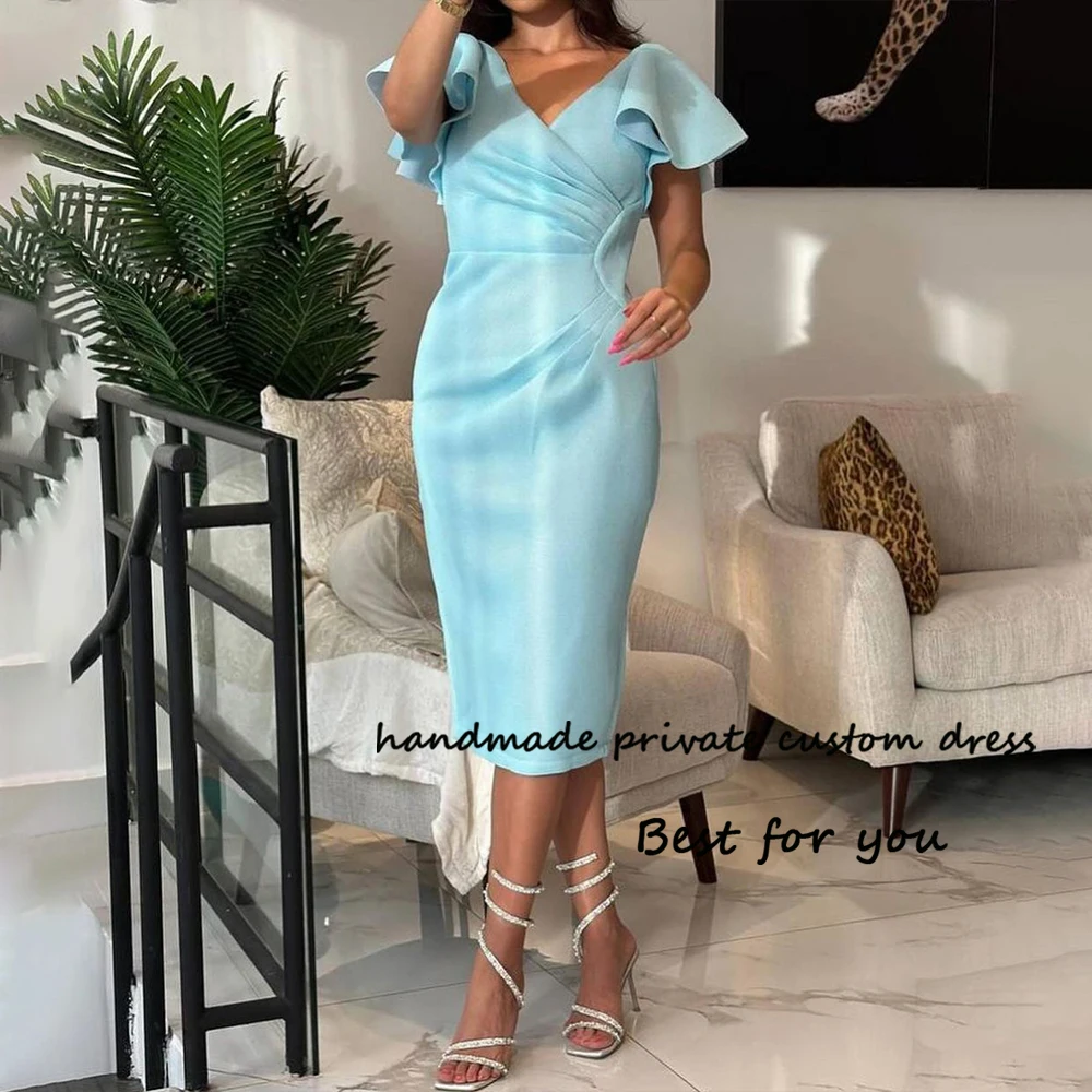 

Aqua Green Satin Mermaid Evening Prom Dresses for Women V Neck Cap Sleeve Formal Dress Arabian Dubai Evening Party Gowns