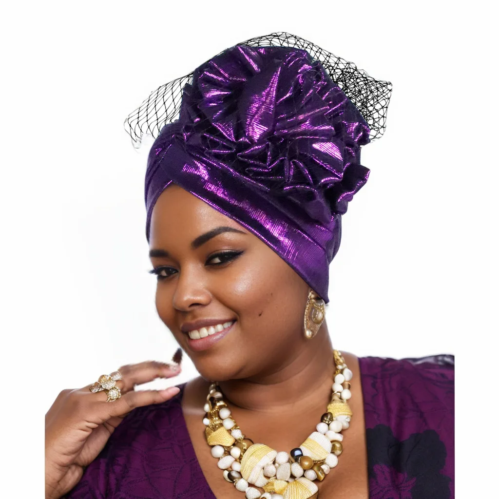 

Glitter Flower Turban Cap for Women African Auto Gele Headties Muslim Nigerian Wedding Headgear Bonnet Head Wrap Bonnet Headwear