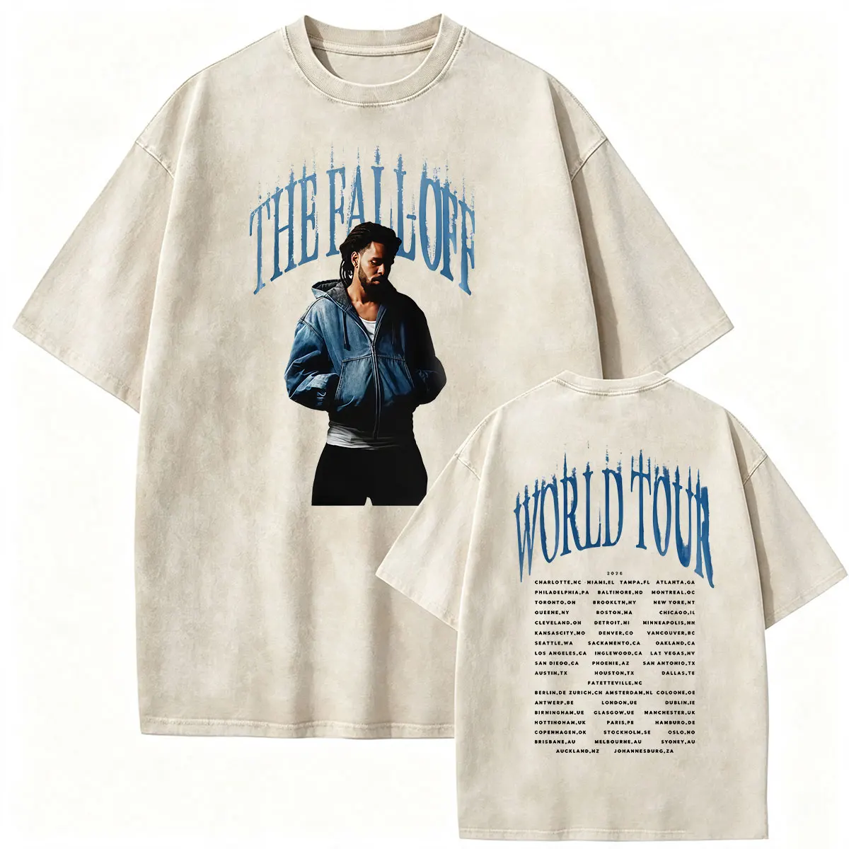 Vintage Washed J Cole The Fall Off World Tour 2026 Print T Shirts Men's Rap Trend Hip Hop Loose Short Sleeve T-shirt Streetwear