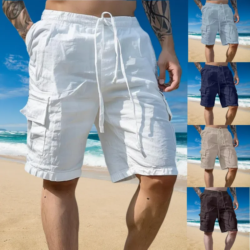 

Summer New Men Cotton Linen Loose Straight Leg Shorts Multi-pocket Drawstring Elastic Waist Overalls Male Sports Beach Pants