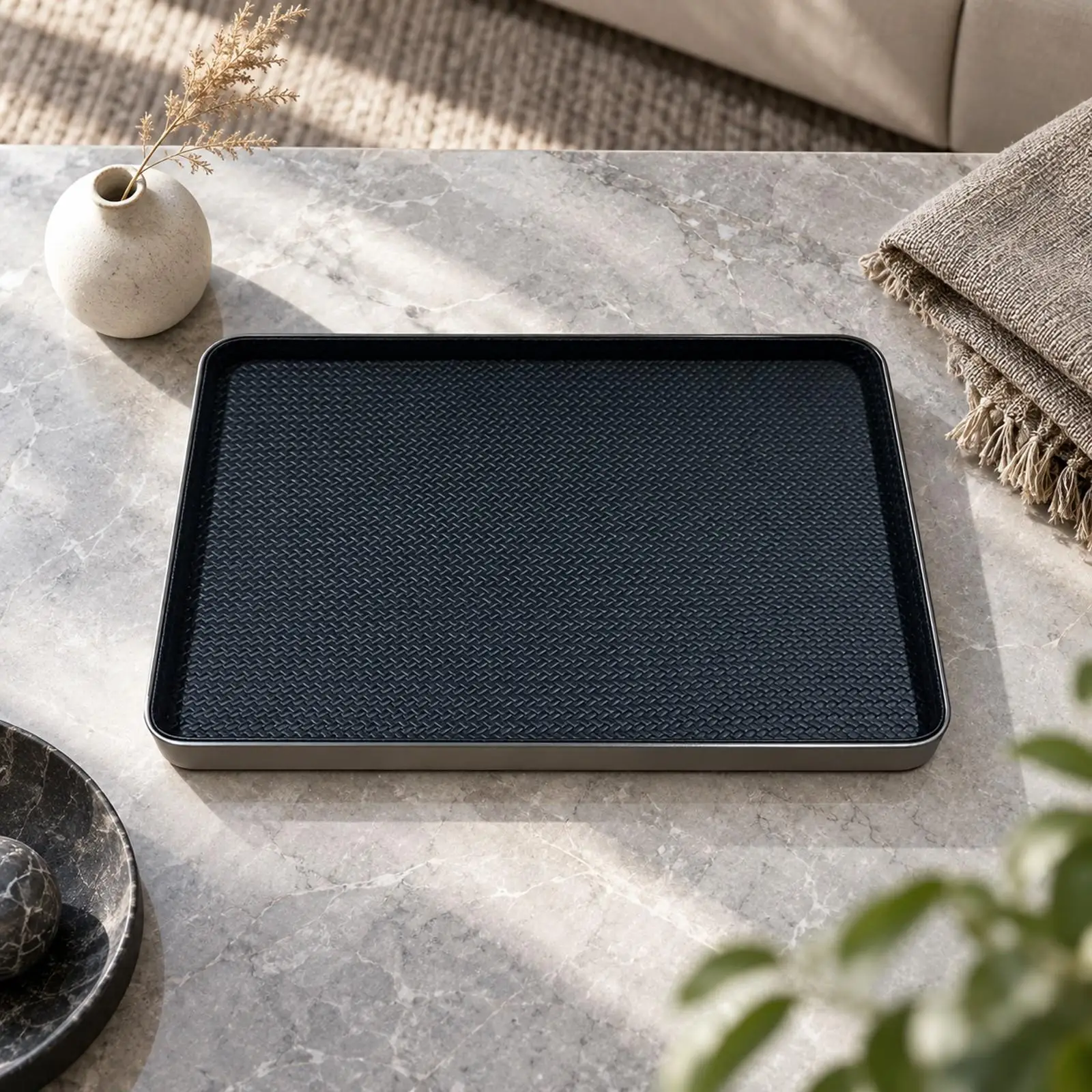 Shallow Woven Leather Storage Tray Small Rectangular Decorative Tray with Raised Rim Low-Profile Multipurpose for Coffee Table