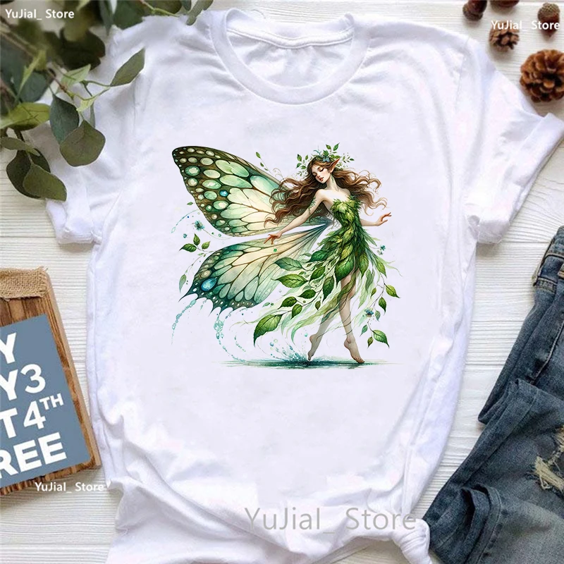 Watercolor Forest Fairies Printed T Shirt Girls Butterfly Fashion Tshirt Women Summer Tops Tee Shirt Femme Harajuku Shirt