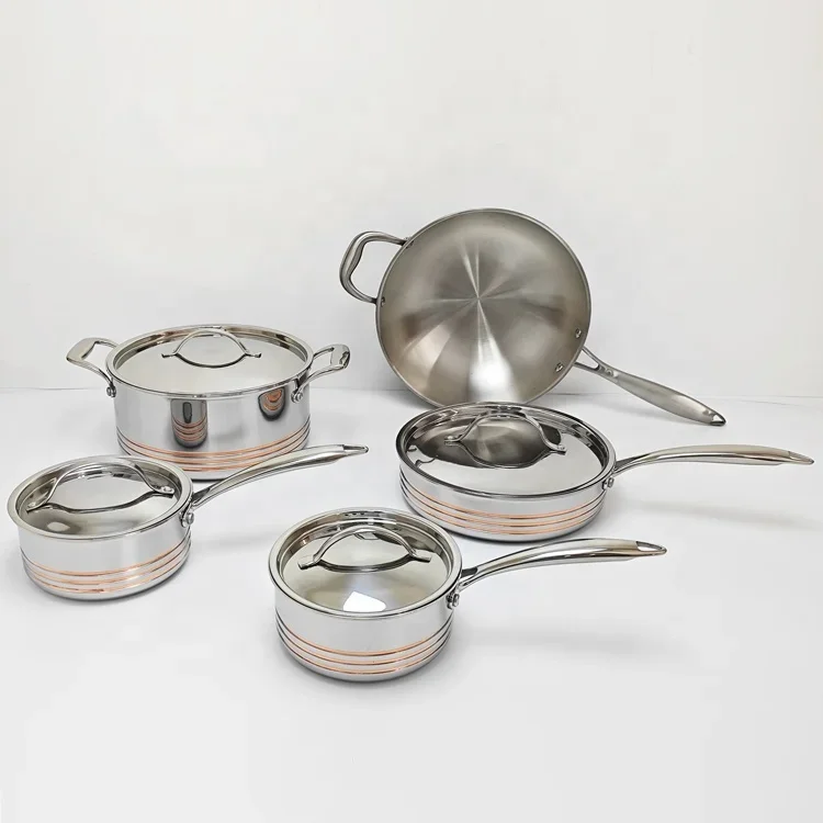 Wholesale 9pcs stainless steel 5 ply cookware kitchen copper core kitchenware set for home restaurant cooking