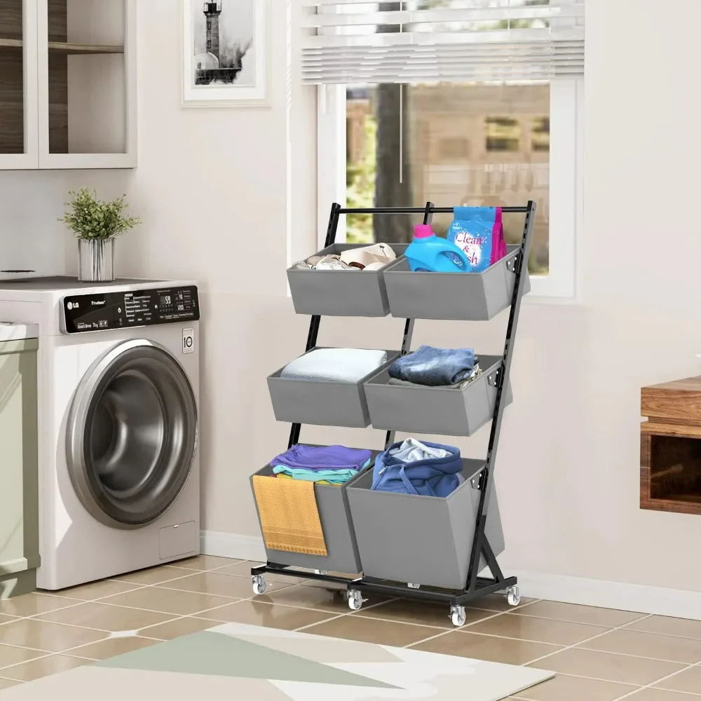 

Rolling Laundry Hamper Sorter, Freestanding Laundry Hamper with 6 Adjustable Storage Baskets for Bedroom,Laundry