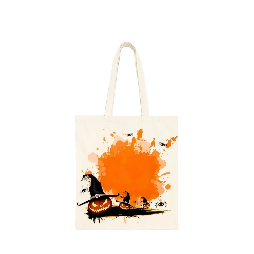 Halloween Spooky Pumpkin Canvas Tote Bag Orange Splash Print Spider Pattern Women Casual Shopping Shoulder Bag