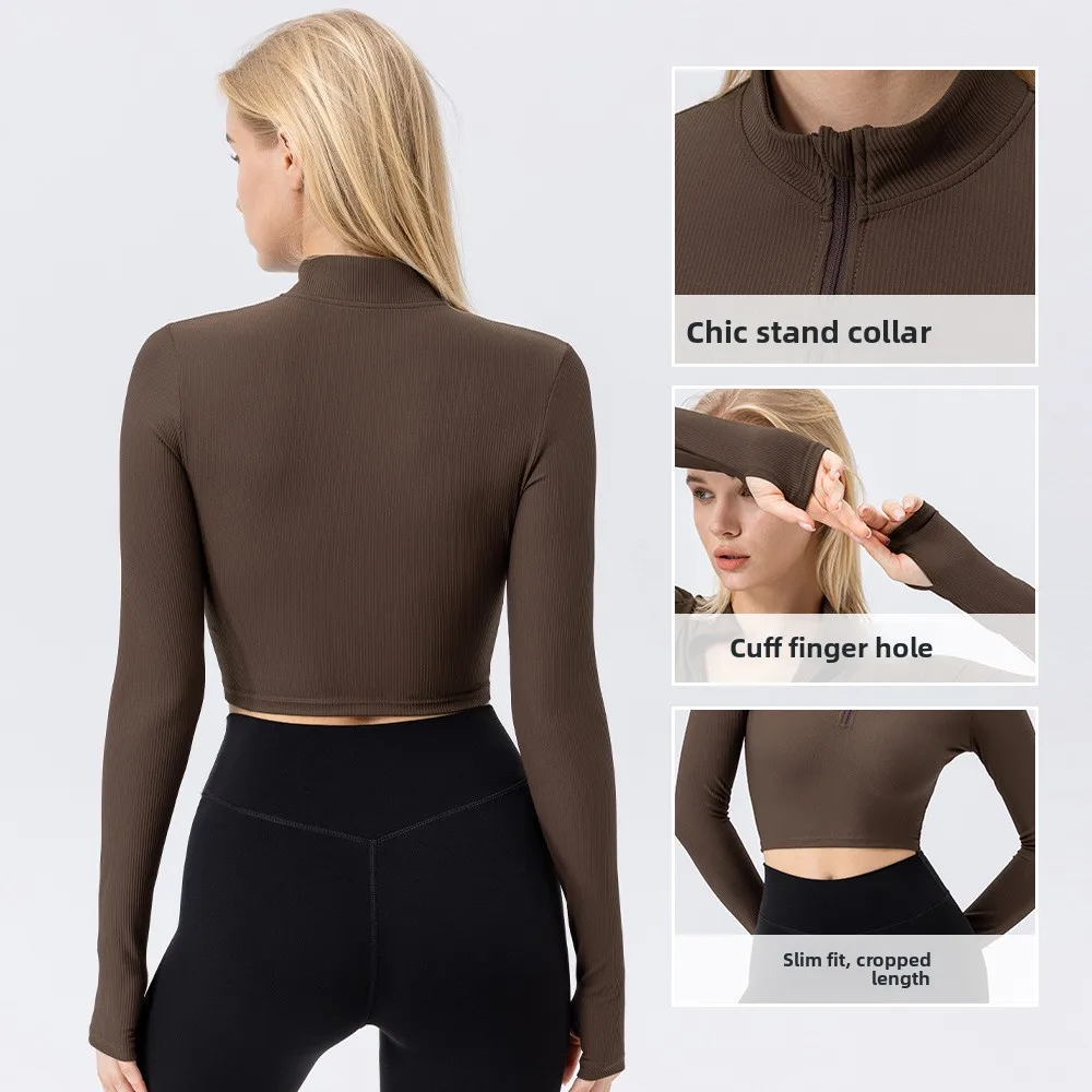 Women Summer Stand Collar Zipper Yoga Jacket Thumbhole Slim Fit High Stretch Quick‑Dry Gym Running Cycling Fitness Sports Top