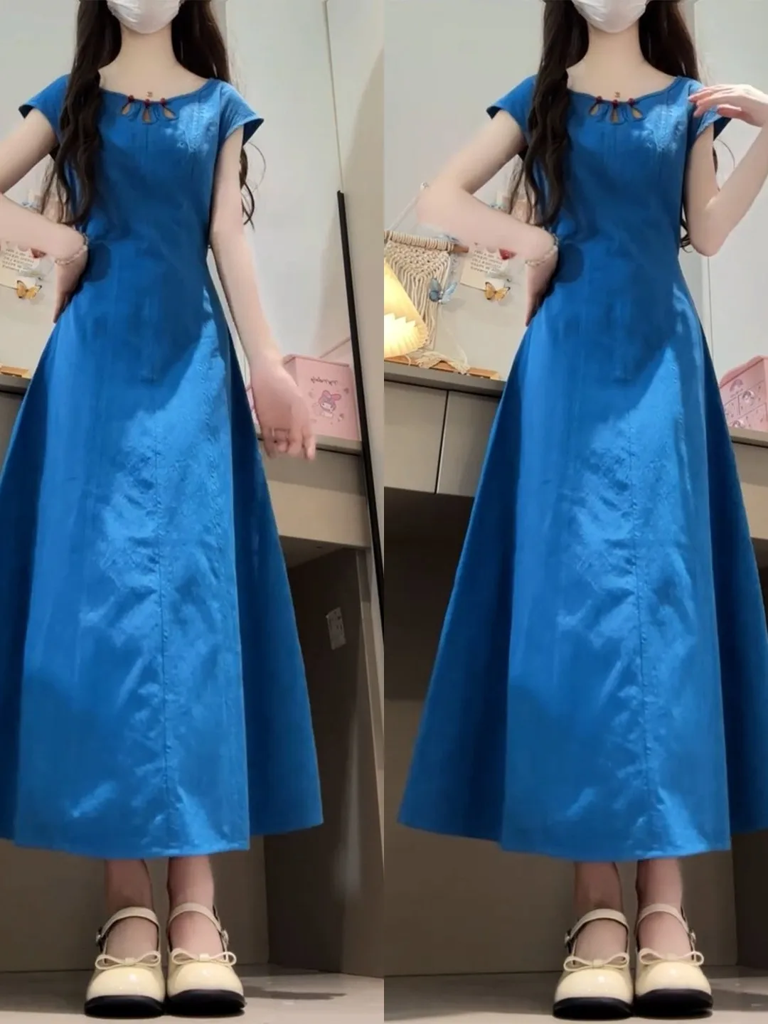 

Ретро-платье без рукавов с вырезами, синее, элегантное, с завышенной талией, длинное, летнее, новая модель, А-силуэт, модное для девушек, с круглым вырезом горловины