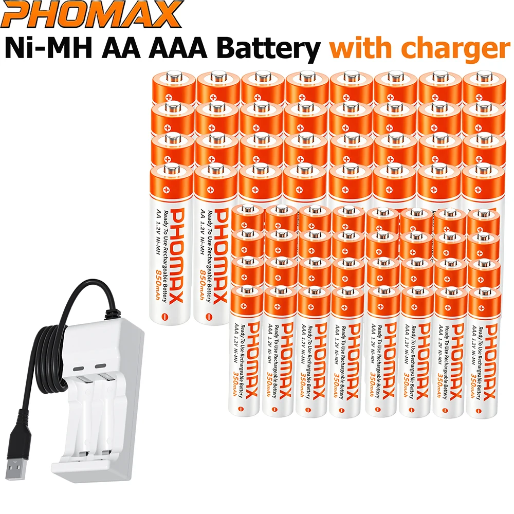 PHOMAX Ni MH Rechargeable Battery 1.2V AA 850mAh  AAA 350mAh +Ni-MH Charger for Microphone RC Toys Game Controller Camera Flash