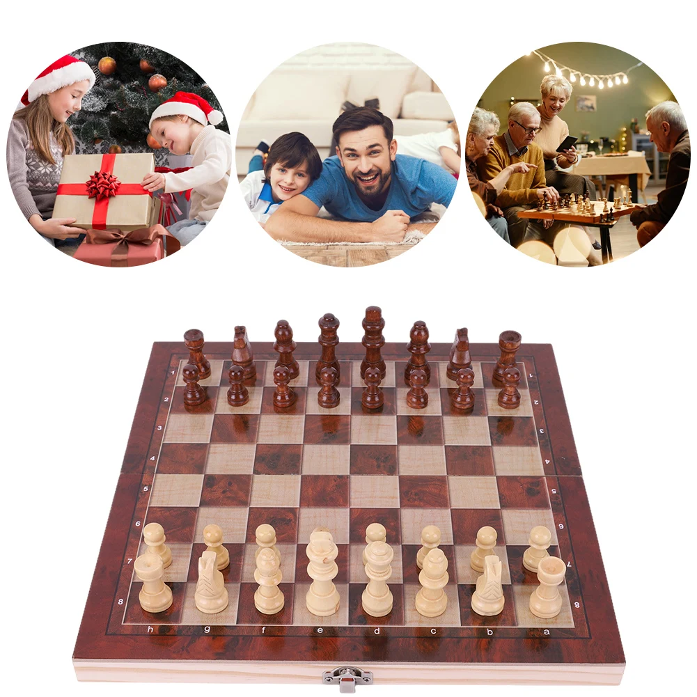 

Large Chessboard Developing Strategic Thinking 29x29cm 3 in 1 Chess Chekers Backgammon No Chess Wooden Set for Kids Adults