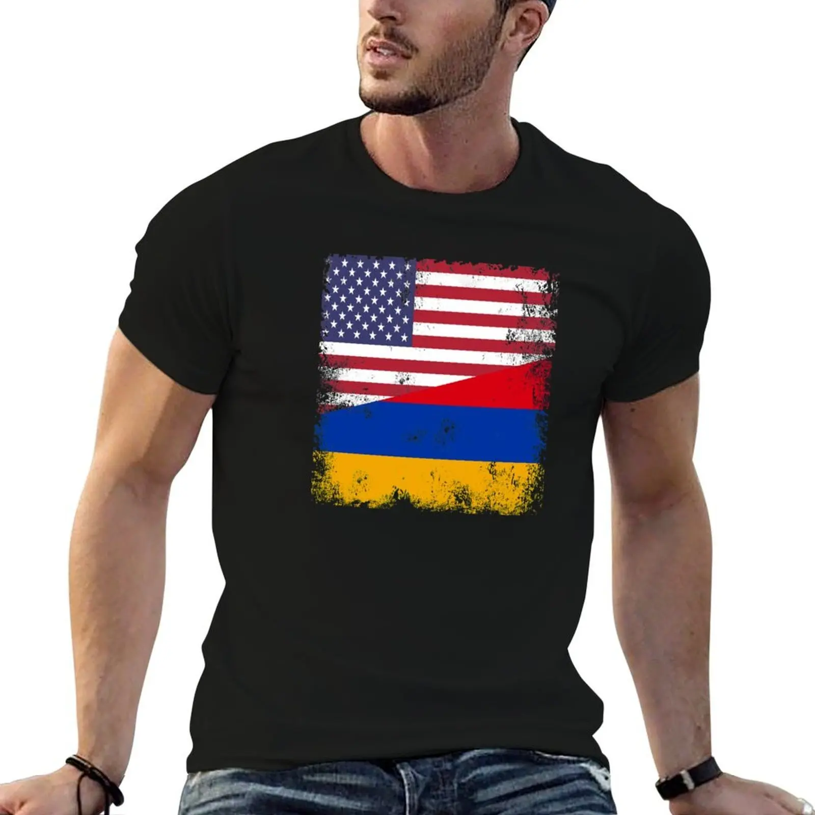 Half Armenian Flag Design | Vintage Armenia USA Gift T-Shirt anime hippie clothes mens workout shirts